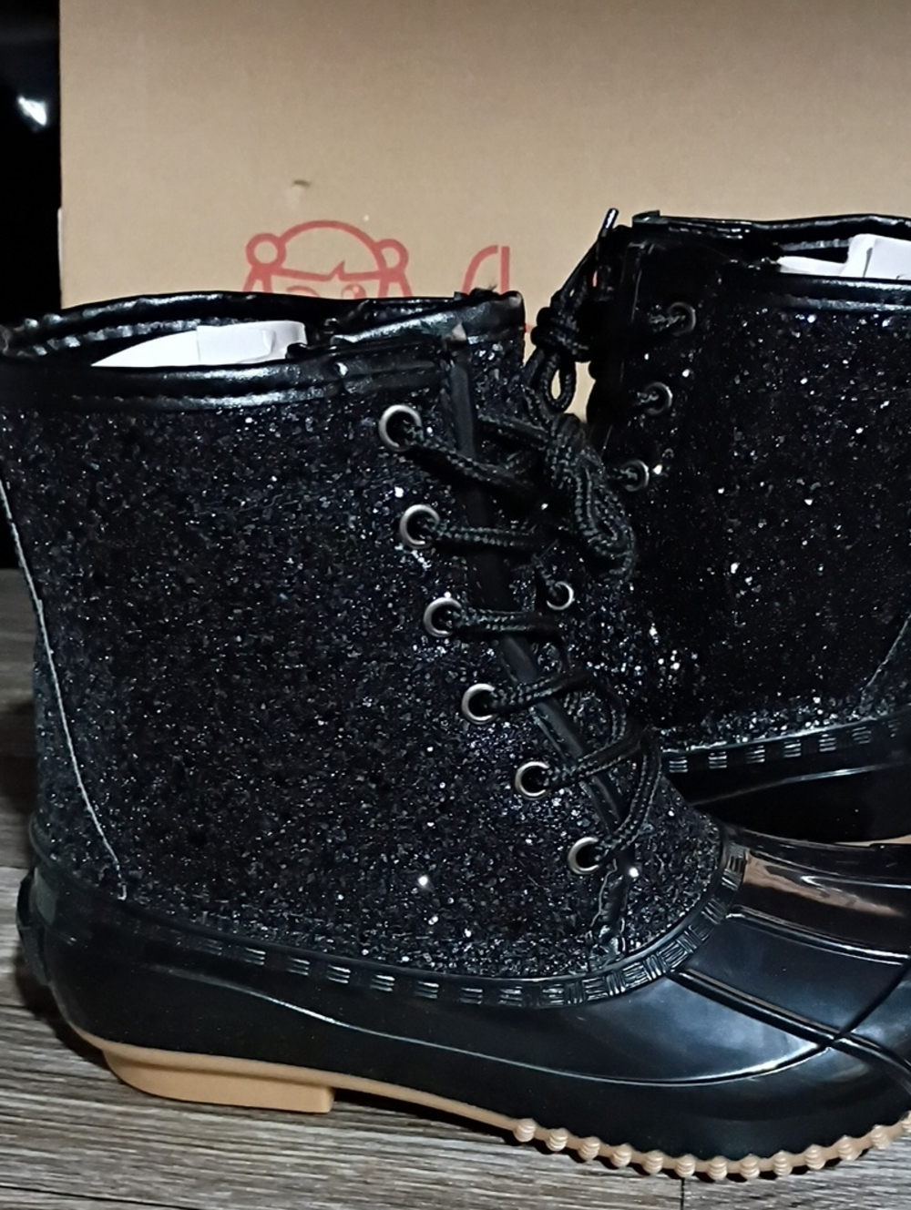 Sugar Black Glitter Lace-Up Duck Boots